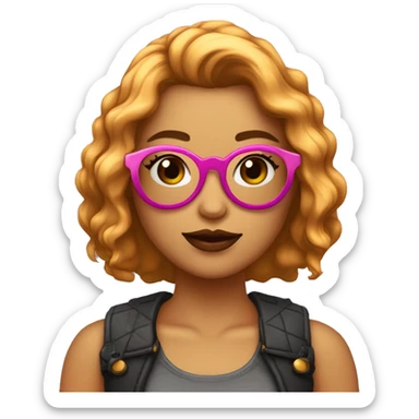 Chica joven de piel muy Clarita con pelo corto de color castaño, con gafas redondas con borde dorado. Pecas en las mejillas y labios gorditos color rosa.  sticker