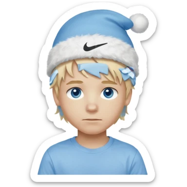 create boy blonde hair long messy, light eyes, white t shirt, rich, long hair, eyes blue, acessory head cristimas blue hat, long hair, t shirt nike sticker