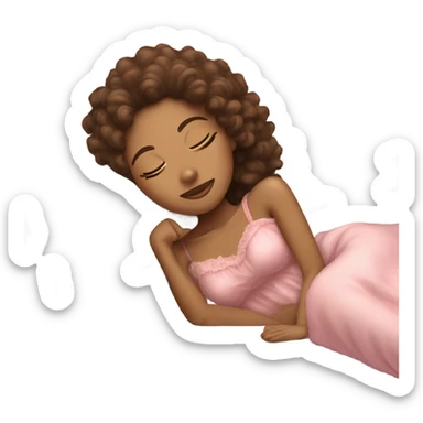 pretty tan girl with brown curly hair in a pink nightgown sleeping on fluffy white pillows sticker