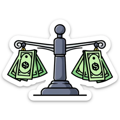 A balanced scale with money and dollar signs on one side and three colorful stars on the other side sticker