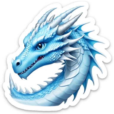 Cinematic Noble elegant Ice Dragon Portrait Emoji, Poised and imposing, distinct long elegant snout, with a slender, scaled body shimmering in glacial hues of icy blue, frostbitten silver, and crystalline white, breathing out frost, with piercing, glowing ice blue white eyes that radiate the chilling depths of an arctic storm; rendered in detail. Breathing out a frost mist sticker