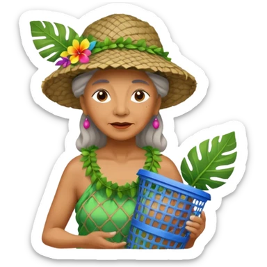 Hawaiian old woman with leaf hat and big trash net and colorful cloth sticker