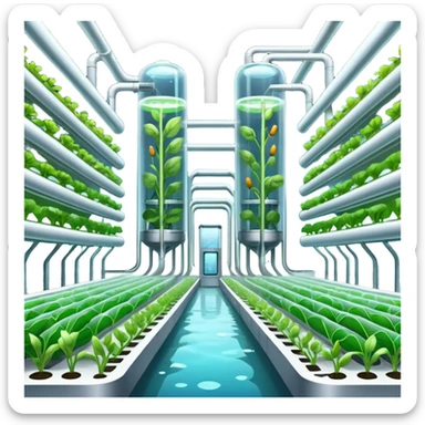 Exterior view of a futuristic hydroponic farm with glowing neon pipes and transparent water channels, sleek buildings shaped like nutrient tanks, vegetables and wheat growing in vertical layers, surreal atmosphere, emoji-style, cartoony sticker