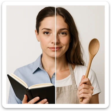 4K hyper realistic split-image of a beautiful woman: left half with soft makeup, hair in a bun, business shirt, holding a planner; right half natural, hair loose, kitchen apron, holding a wooden spoon, gentle smile, symmetrical, white background, clear contrast sticker