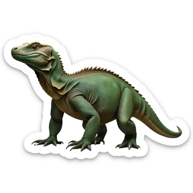 cinematic-komodo-dragon-realistic-full-body-standing on all fours-emoji,-massive-scaled-body-poised-with-quiet-power,-rough-textured-skin-dark-green-and-dark brown, black,-head-tilted-dramatically,-long-forked-tongue-flicking-out,-simplified-yet-realistic-focused-features,-highly-detailed,-glowing-with-an-almost-sarcastic-glow

 sticker