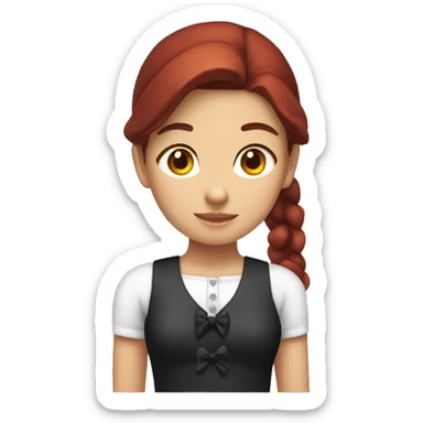 a girl with dark red hair in a ponytail with a white bow sticker