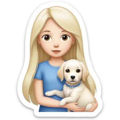 A long-haired girl and a medium-length-haired girl holding a white Labrador dog sticker