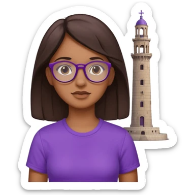 Chica de pelo moreno con gafas, lleva camisa violeta. Piel morena clara. Con Torre de Hércules de la Coruña detrás sticker