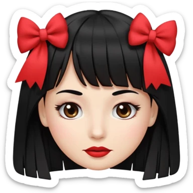 emoji feminino branca com cabelo longo, preto, liso e com franja. olhos castanhos. no rosto maquiagem com blush, cílios, delineador e batom vermelho. usando uma blusa preta com alças finas e um laço branco de cada lado sticker