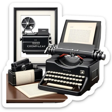 Create an emoji representing screenwriting. The design should feature an open script with visible dialogue and action lines, symbolizing the writing of a screenplay. Include a classic typewriter or a modern writing device, such as a laptop, to signify the process of creating a script. Add a vintage film camera next to the script to emphasize the cinematic aspect of screenwriting. Use a professional color palette with black, white, and subtle metallic tones. Do not include any emojis or smiley faces. Make the background transparent. sticker