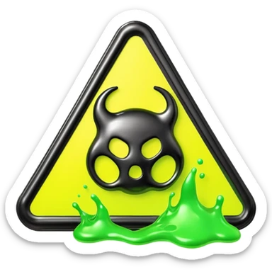 3D render of Oil Slick, toxic waste aesthetic, neon green bubbling liquid, caution yellow metal, industrial warning texture. sticker