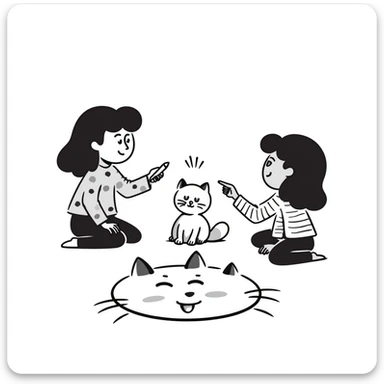 two girls and a cat drawing an emoji, hand-drawn doodle style sticker