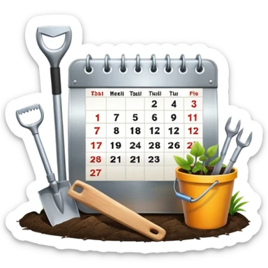 calendar icon with garden tools near. Transparent background sticker