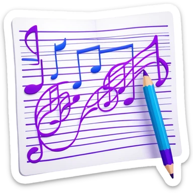 Create a creative and inspiring emoji that represents music track writing. The design should feature a music composition sheet with musical notes, a digital audio workstation (DAW) interface or soundwaves, and a pencil or pen to symbolize the writing process. Add a touch of technology with subtle elements like sound mixing sliders or waveform graphics. Use a blend of vibrant and inspiring colors, such as electric blue or neon purple, to evoke a sense of creativity and innovation. The background should be transparent. sticker