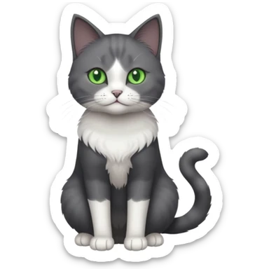full body view of beautiful female solid dark grey cat with green eyes, white toes/paws and white patch on her chest sticker