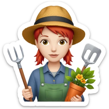 red hair gardener holding gardening tools, with hat sticker