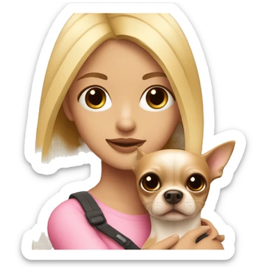blonde girl with pink & dark brown chihuahua in her arms sticker