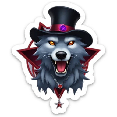 demonic wolf with a pentagram top hat and a pentagram chain with a haunting night background sticker