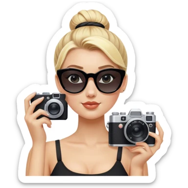Blonde white girl with film camera wearing black sunglasses with a high bun sticker