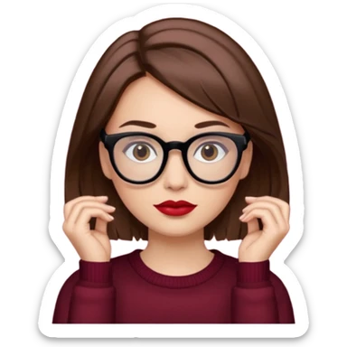 părul carre, șaten, ochii căprui, buzele roșii, ochelarii cu ramă neagră și pulover bordo sticker