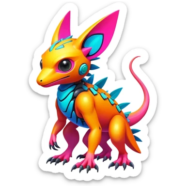 Tropical futuristic lush warm-colored modern colorful neon-colored cyber-Fakémon-Digimon-Trico-creature sticker