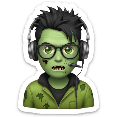 make a zombie iphone emoji with black  glasses, scratches black spiky hair and headphone, green skin
 sticker