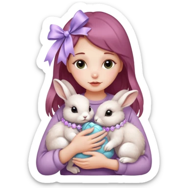 woman hugging baby rabbits with ribbons and crystals sticker