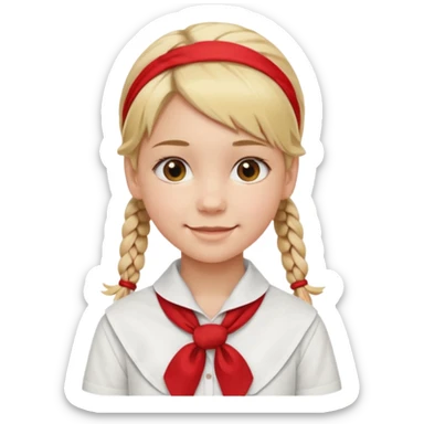 A Soviet pioneer girl emoji — smiling young girl with blonde hair tied into two short braids. She wears a white school shirt and a wide bright red pioneer neckerchief tied in a loose triangular knot at the chest (not a necktie). No suspenders, no jacket, no hat sticker
