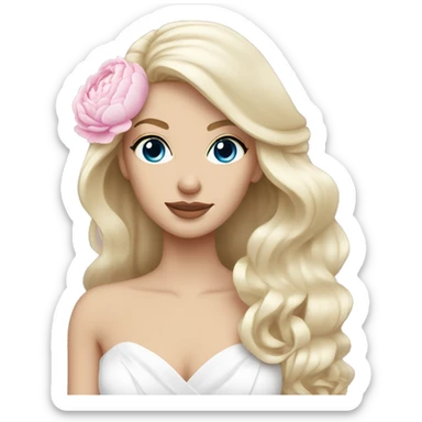 White bride with long light blonde hair and blue eyes with light pink peonies in hair white skin  sticker