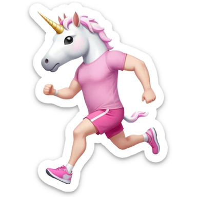 friendly anthropomorphised male white unicorn with a stocky, strong build, white arms and legs, wearing grey shorts and pink t-shirt, dark sunglasses, jogging upright in a standard pose sticker