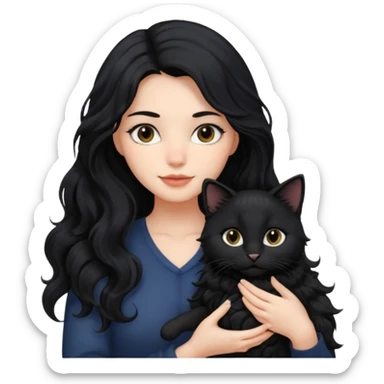 una ragazza di circa 25 anni, capelli lunghi ondulati neri con in braccio un gatto nero sticker