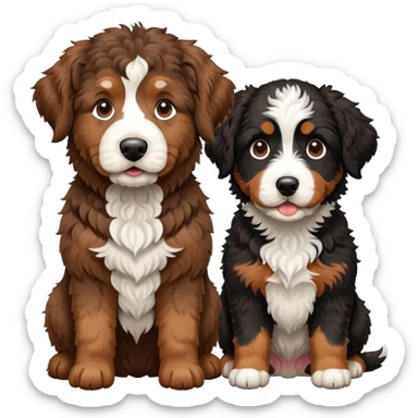 2 dogs, one is a brown Aussie doodle. the other is a black Berenedoodle with white eyebrows . Make both same size sticker