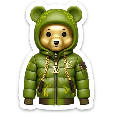 traditional cube-shaped bearbrick toy with squared head, lime balaclava with graffiti logos and integrated dark visor shield, Louis Vuitton monogram puffer jacket with plush fur hood trim, gold chains sticker