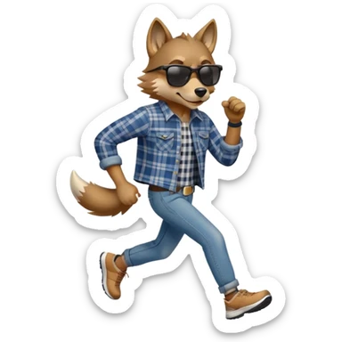 friendly anthropomorphised wolf in jeans and plaid shirt, wearing dark sunglasses, jogging upright in relaxed pose sticker