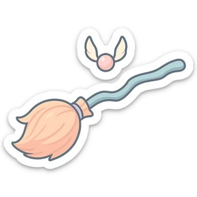 Edit the witch's broom as in the reference: curved handle with knots, voluminous broom head with smooth lines, no rough division into separate twigs, with shadows and highlights, detailed texture, thin clean contours, soft rounded shapes, pastel palette #98B5BC, #B5B3C1, #C9A3C9, #E4C0CA, #F7DCD1, #F7C0AA, modern Japanese pop-art and sticker aesthetic, soft lighting, transparent background. sticker