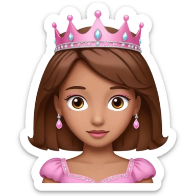 A pretty princess emoji with eye lashes, tan skin and brown hair with a pink dress and tiara  sticker