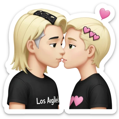 A boy with Platin blonde hair wearing a black T-shirt with a text saying “Los Angeles” in white on the back, and a girl with black hair and two pink hair clips in each side kissing each other  sticker