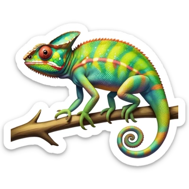 Giant Chameleon blending into natural surroundings, perched on a branch. Its vibrant colors shift with the environment. Lush greenery, branches, and soft sunlight create a peaceful, nature-filled background. Transparent background, showcasing the chameleon's colorful, textured skin. sticker