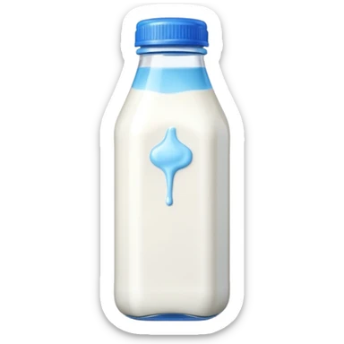 A 3D cartoon bottle of milk with white liquid, blue cap, clean reflections, Memoji-style. sticker