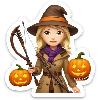 female human monster hunter emoji, wearing brown coat and hat, holding crossbow, soft smile, scarf, glowing pumpkin by her side, Halloween fantasy style, clean vector Apple emoji look, bright colors, white background, square sticker