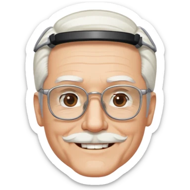 old guy, swept back white hair with no part, blocky face, rectangle frame glasses, goatee, no moustache sticker