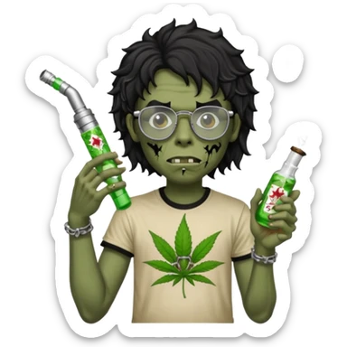 black wavy haired zombie getting stoned with weed t shirt and bong on his hand and wearing chrome hearts glasses sticker