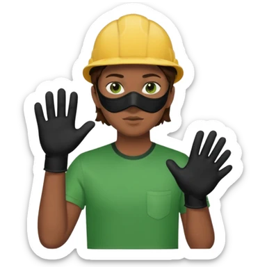 Chico de pelo marrón y ojos verdes, Con un cubre bocas negro, que tiene una camisa verde por encima de una remera blanca, y tiene un guante negro en una sola de las manos. sticker