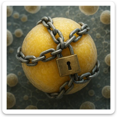 adipocyte viewed under microscope, wrapped in chains and padlock, hyper realistic 4K, cellular details, scientific atmosphere sticker