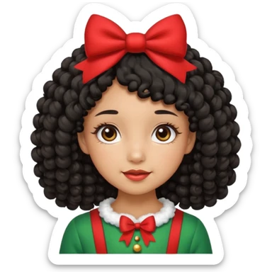 cute girl tan skin, curly black hair chin length, middle part, long eyelashes, cute cheeks, 5'2, outfit croquette style with bows and christmas theme sticker