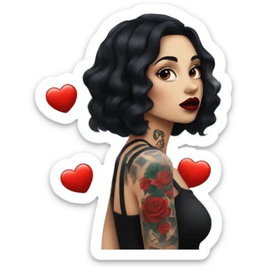 Pale black haired girl with black tattoos on body wearing red lipstick  sticker