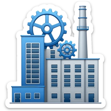 "A minimalist vector icon of a modern manufacturing factory building with a gear symbol above it. Blue and grey color scheme, flat design, white background, simple thick lines, professional business logo style." sticker