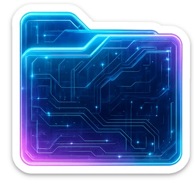 Transform the Windows folder icon into a cyberpunk-style folder with glowing neon edges, holographic effects, and futuristic details, as if displayed on a sci-fi hologram PC. Maintain a transparent background to emphasize the holographic and neon glow effects. sticker