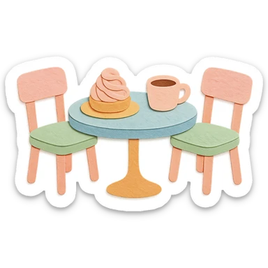 kawaii coffee shop table and chairs set with dessert and coffee, soft pastel hand-drawn illustration sticker