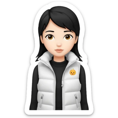 girl with black hair in a white puffer vest sticker